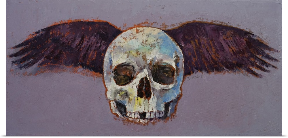 A contemporary painting of human skull with black wings spread out behind it.
