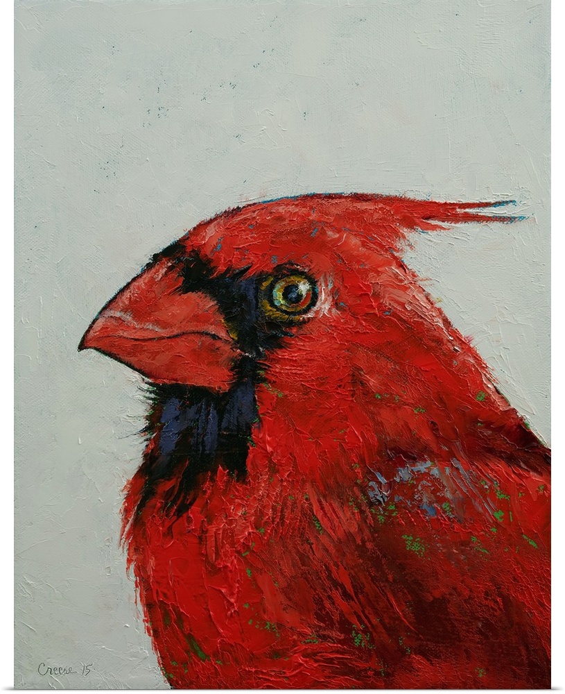 A contemporary painting of close-up portrait of a striking red cardinal.