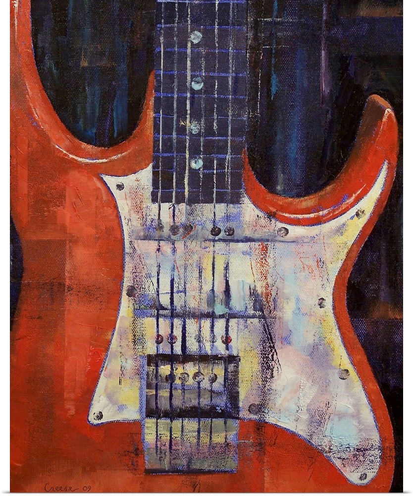 This is a vertical painting showing the detail of the body of this iconic Rock ono Roll musical instrument.