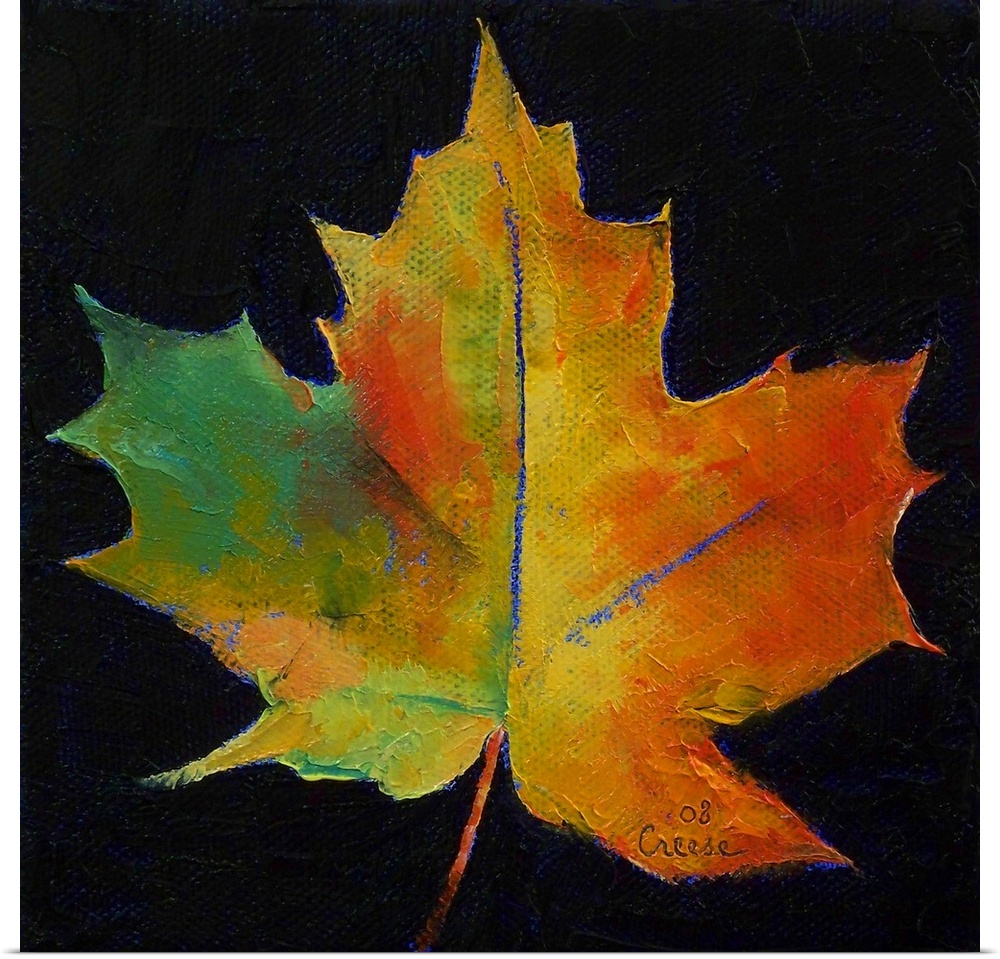 Square painting on a large canvas of a vibrant, fall colored leaf on a black background.