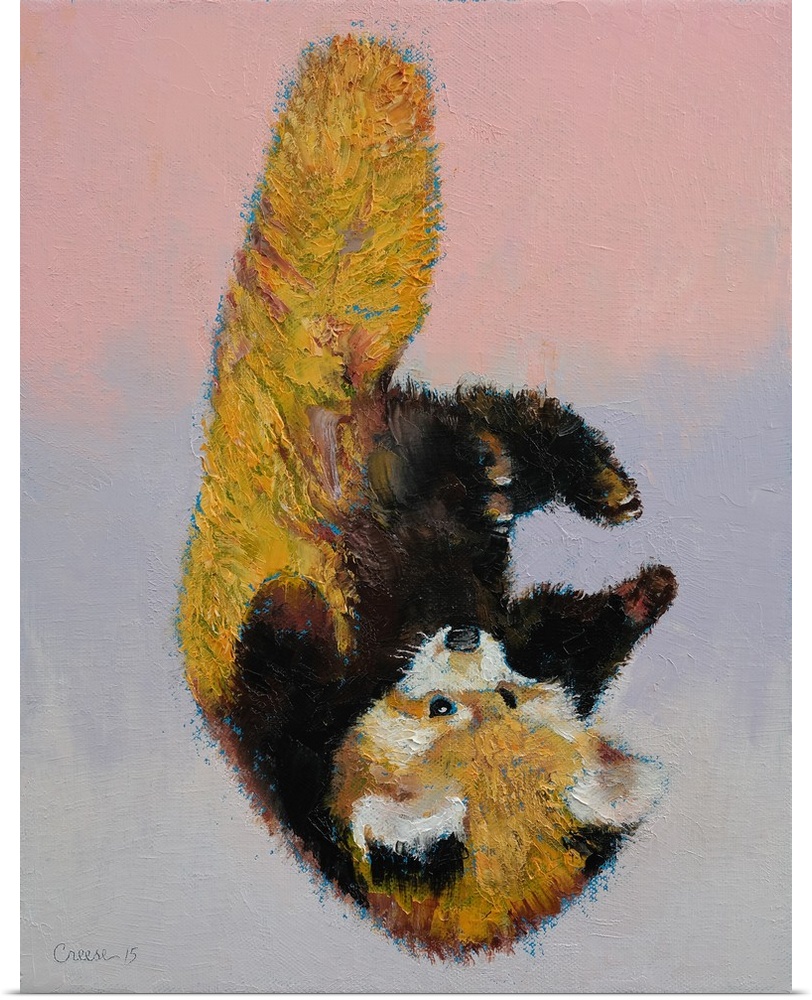 A contemporary painting of a red panda playing with its own feet like a baby.