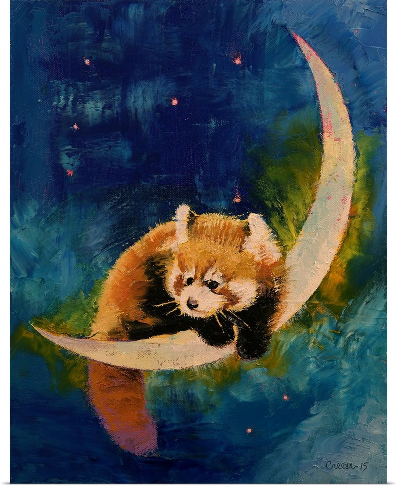 A contemporary painting of red panda sitting on a crescent moon.
