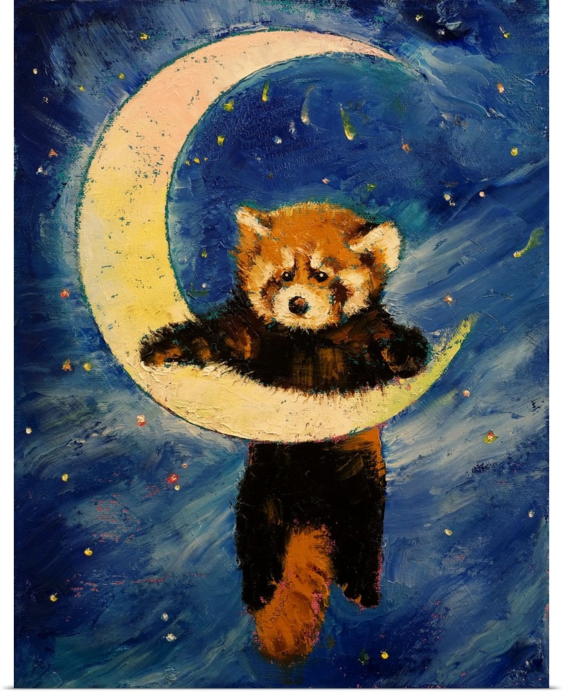 A contemporary painting of red panda dangling from a crescent moon.
