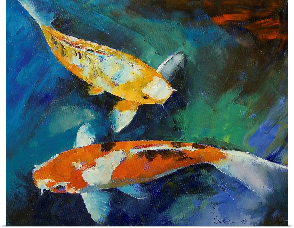 This horizontal wall art is a gicloe print of an oil painting of two fish swimming in a garden pond.