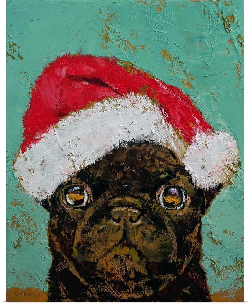 A contemporary painting of a black pug wearing a Santa hat.