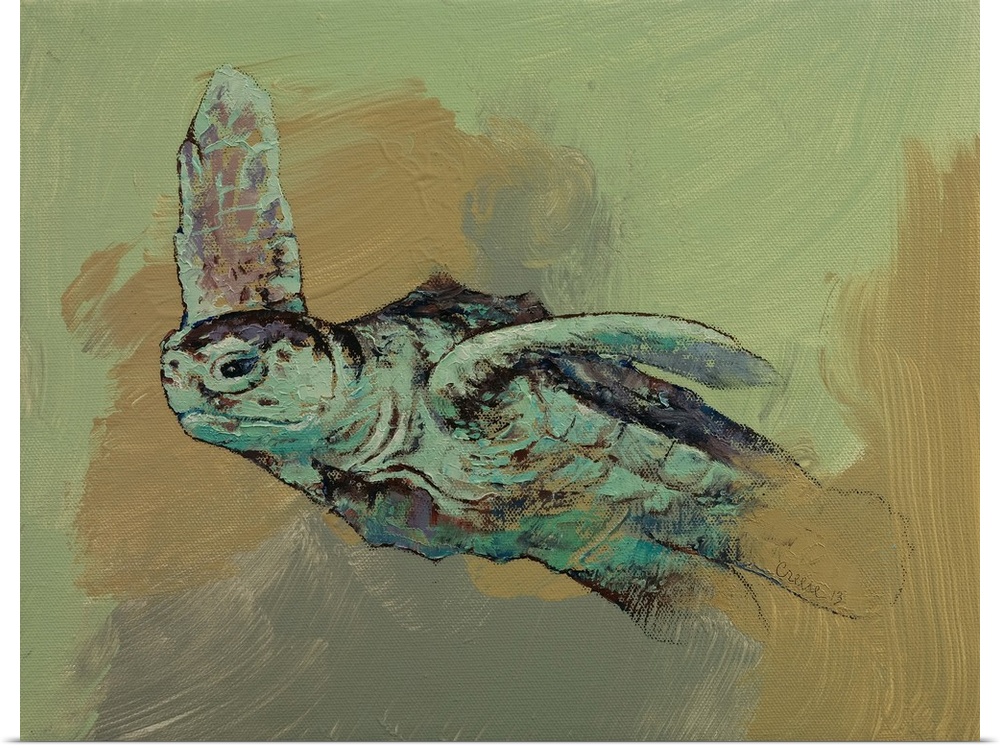 A contemporary painting of sea turtle against a pale green background.