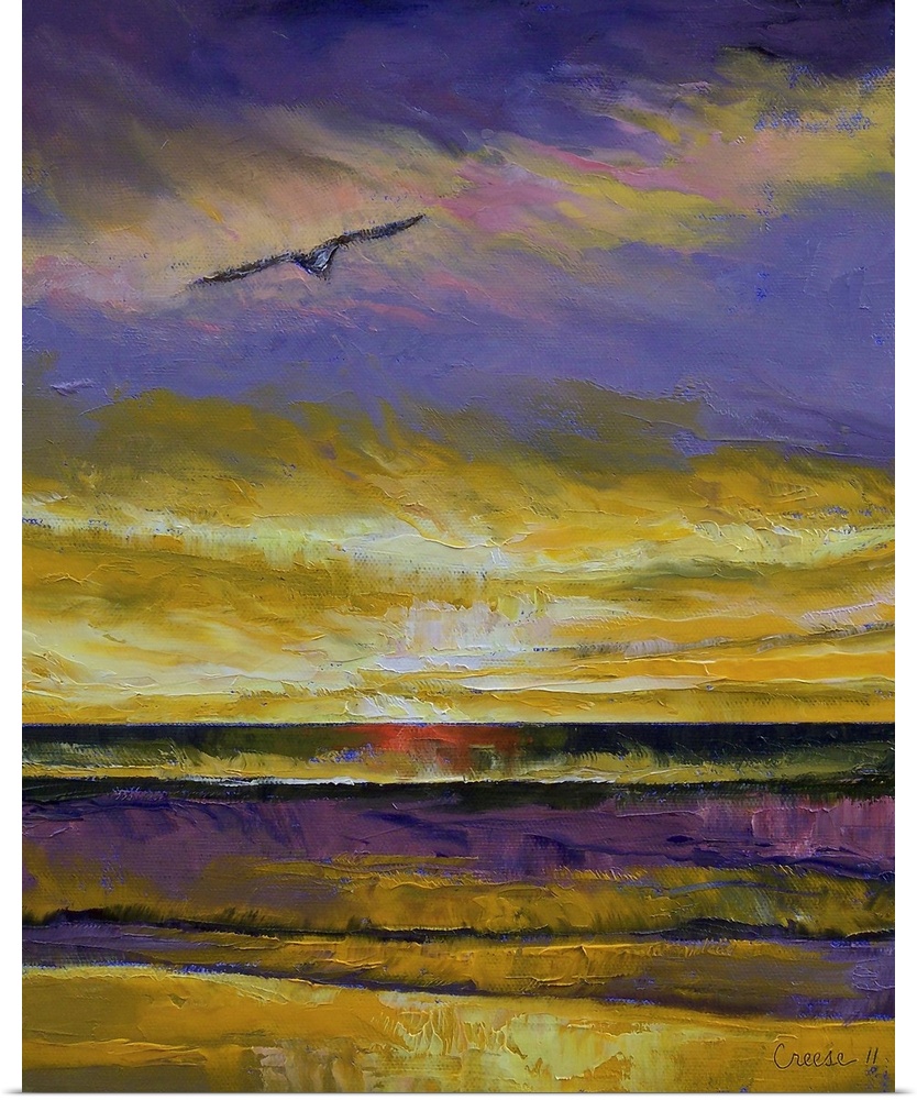 Big, vertical wall painting of a seagull flying over water at sunset.  Painted with thick ,heavy brushstrokes.