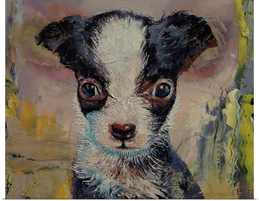 A painting of a black and white puppy.