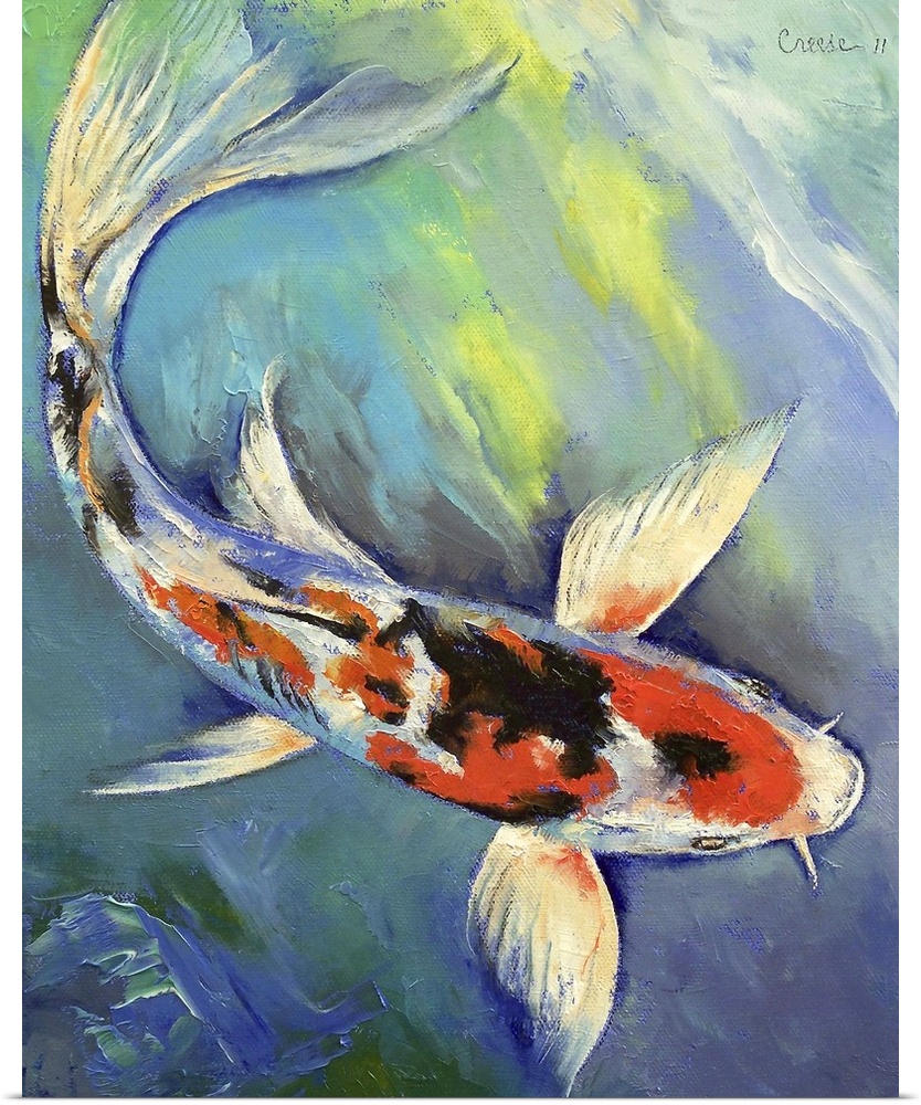 A white, black, and red koi fish with large fins swimming in cool blue and green water.