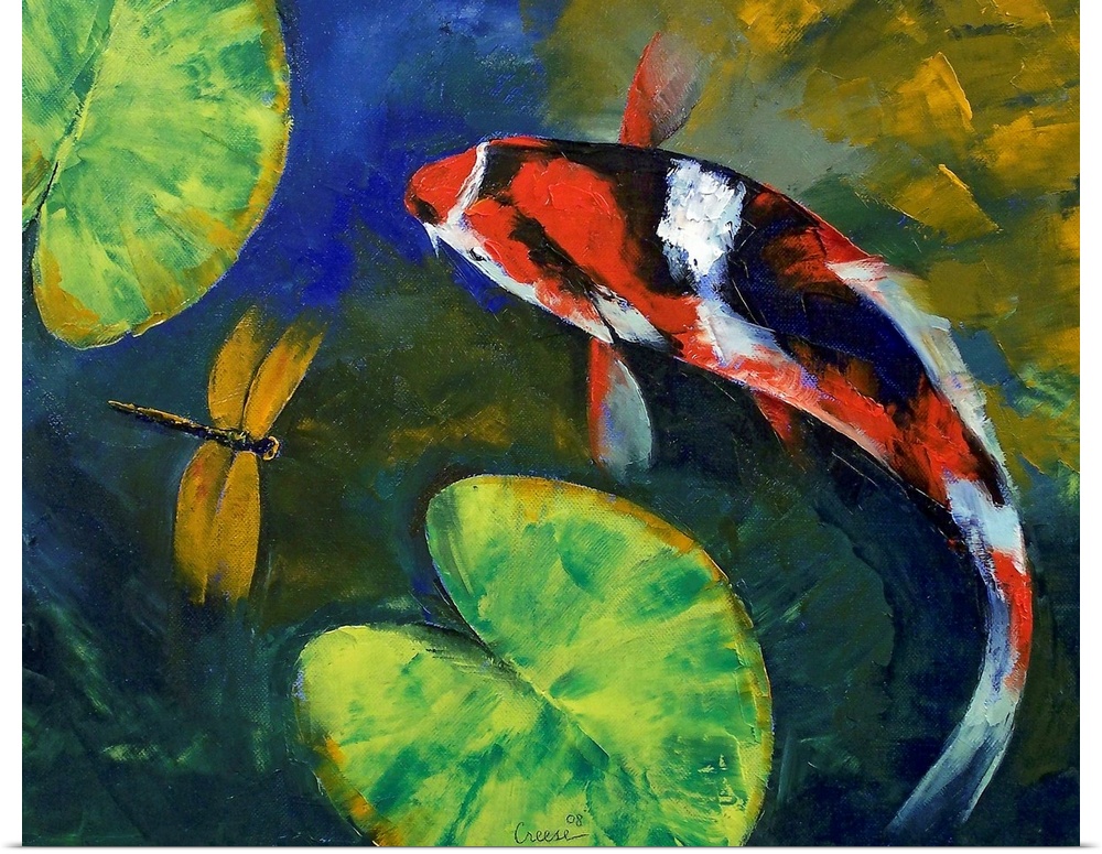 Oil painting of a marble colored koi fish swimming in a lily pond with a dragonfly.