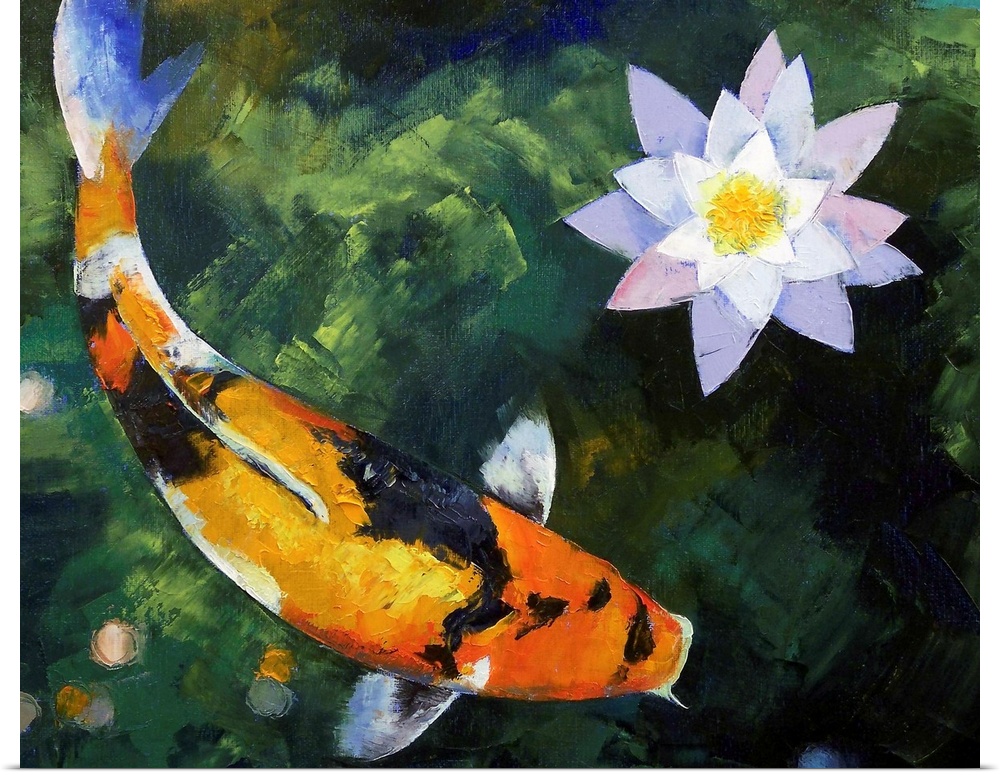 Horizontal oil painting on a large wall hanging of a showa koi fish, swimming through murky waters around a lotus flower.