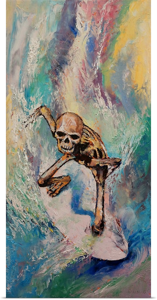 A human skeleton riding a surfboard down a multi-colored wave.