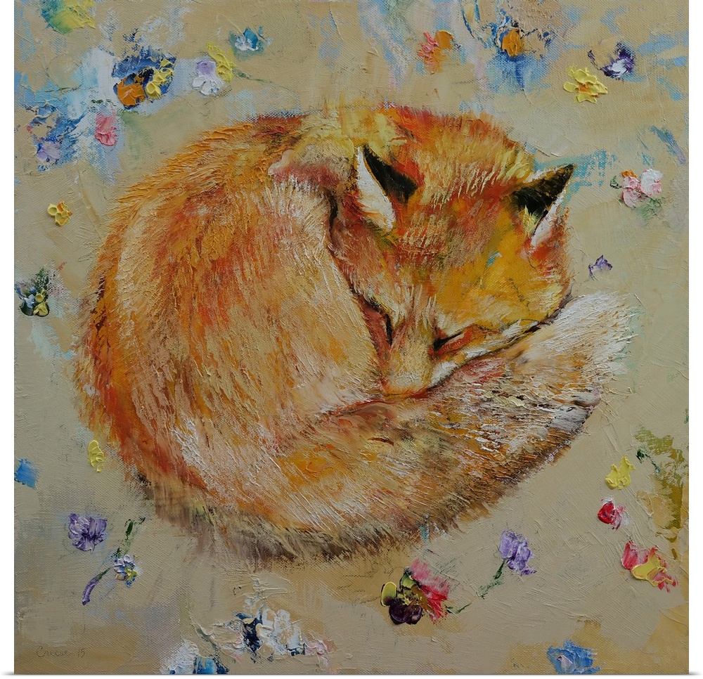 A sleeping a red fox curled up in its tail against a background of flowers.