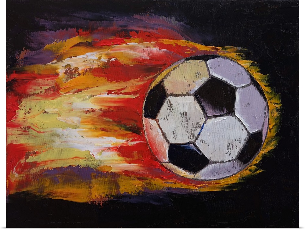 Contemporary painting of a soccer ball with flames streaming from it.