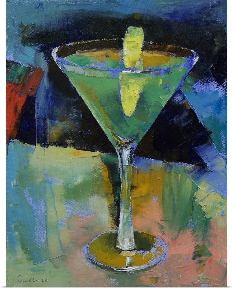 Big vertical contemporary painting of a sour apple martini, in a clear martini glass with a single slice of apple in it.  ...