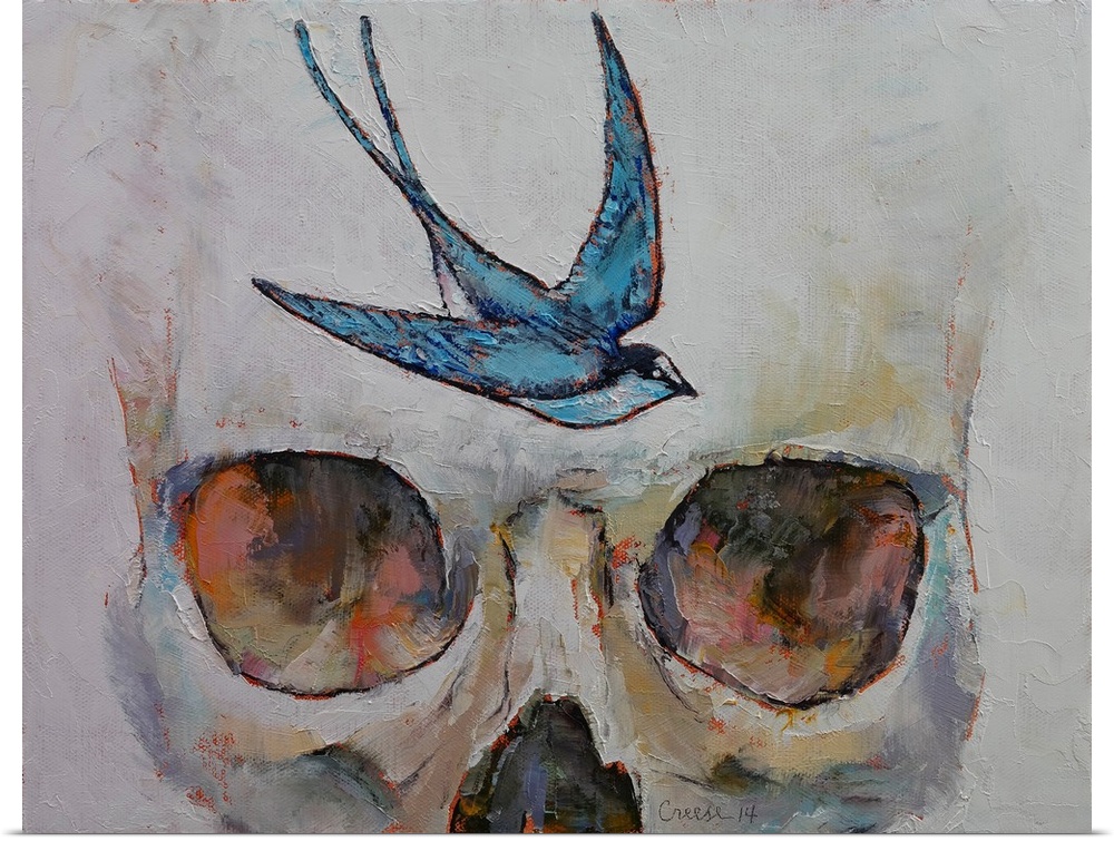 Contemporary painting of a human skull close-up on the eyes and forehead with a blue sparrow on the forehead.