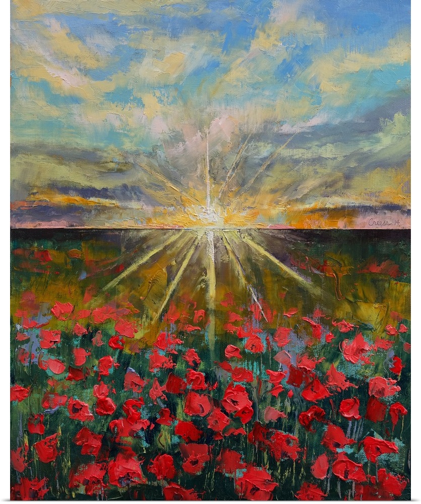 Contemporary painting of a field of red poppies.