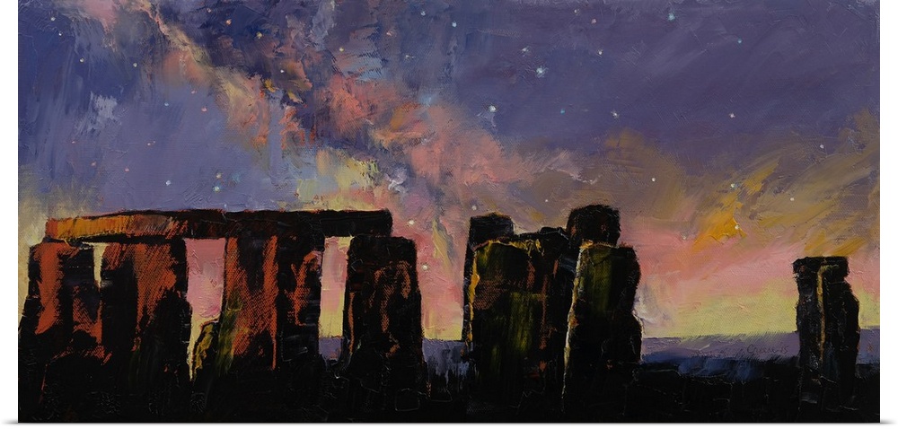 A contemporary painting of a silhouetted Stonehenge under a sunset sky.