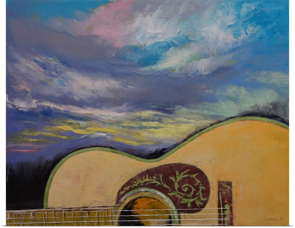 Contemporary painting of an acoustic guitar close-up.