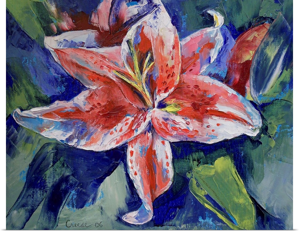 Original oil on canvas painting by American artist Michael Creese. This painting features a blooming flower with textured ...