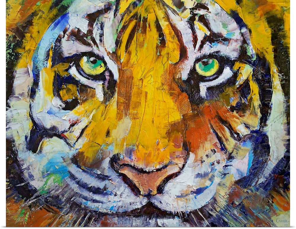 Painting of a close up of a tigers face with his green eyes staring directly at you.