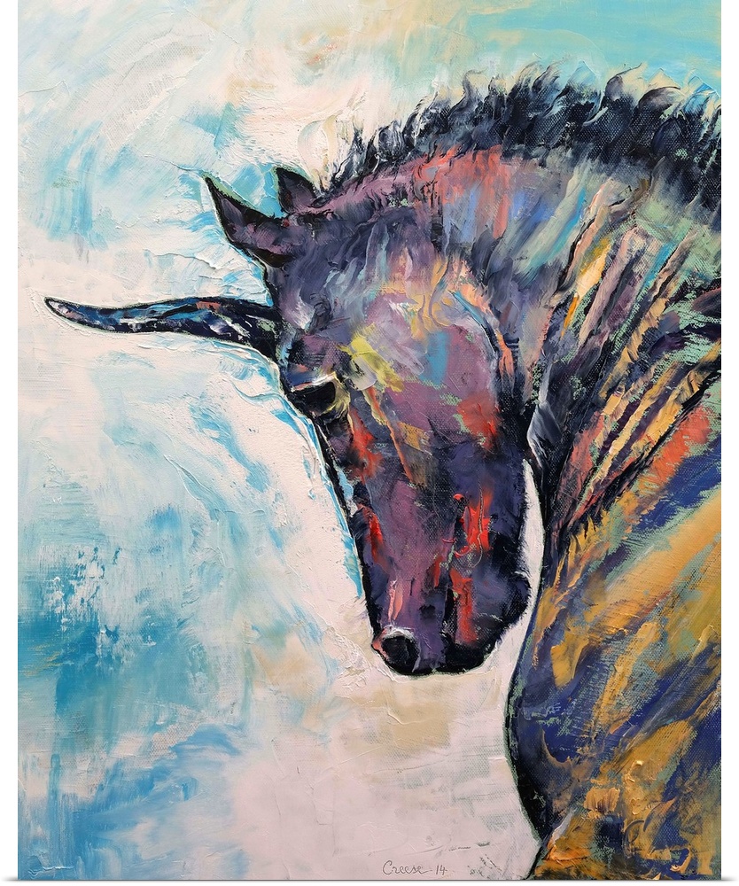 Contemporary painting of a black unicorn.