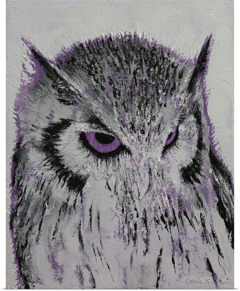 Contemporary painting of a gray owl with purple glaring eyes.