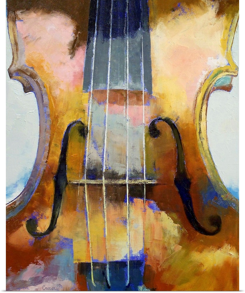 Painting on canvas of an up close angle of a violin.