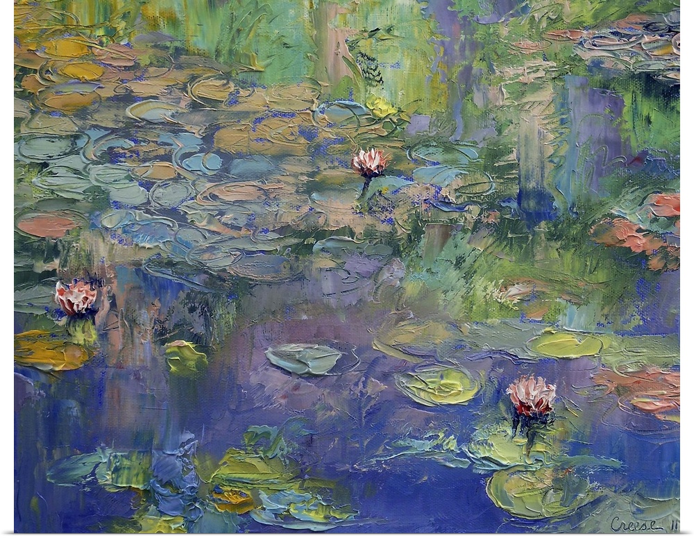 Contemporary artwork of a classic subject matter this oil painting captures lily pads and lotus blossoms floating on the s...