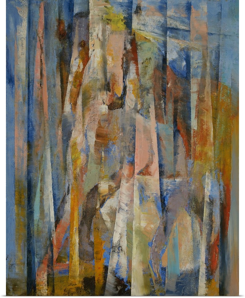 Tall abstract painting on canvas of horses with vertical lines of color.