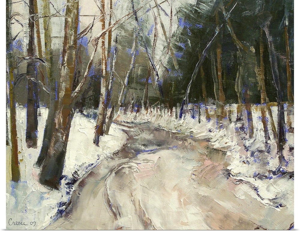 Giant contemporary art portrays a look down a frozen stream surrounded by a snow covered landscape filled with barren trees.