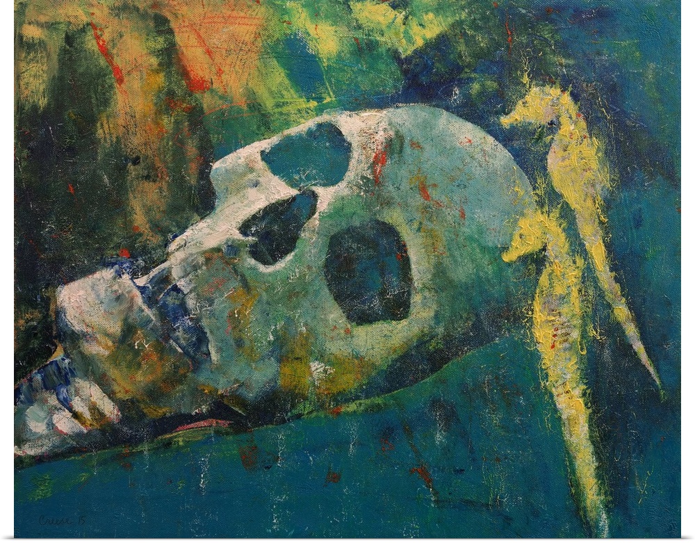 Contemporary painting of a human skull lying beside two yellow seahorses.