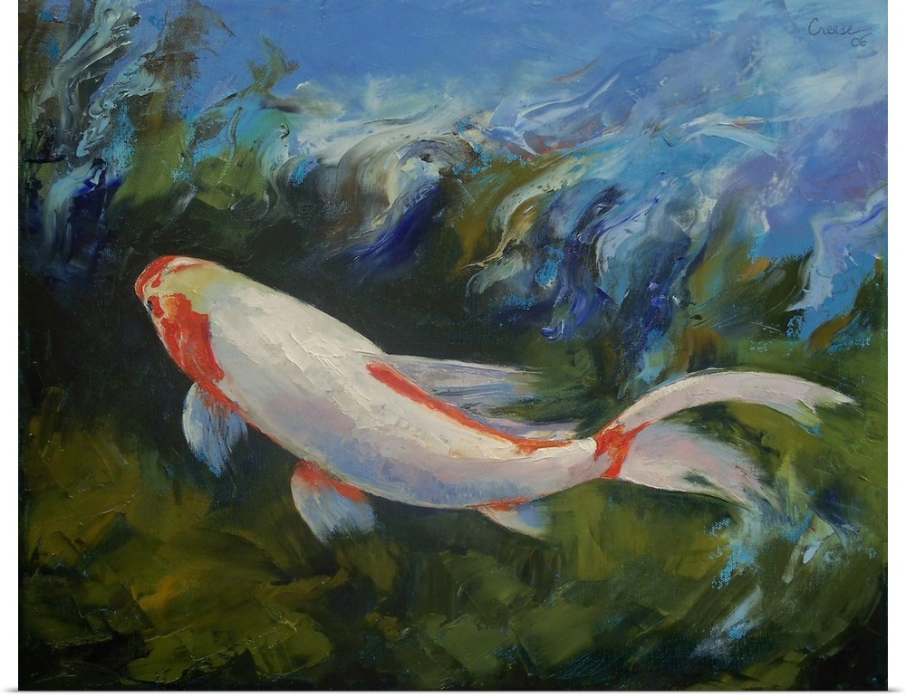 Oil painting on canvas of a koi fish swimming in water.