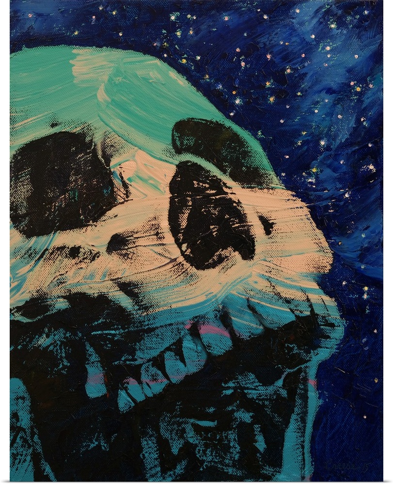 Contemporary painting of a human skull against a background of a starry sky.