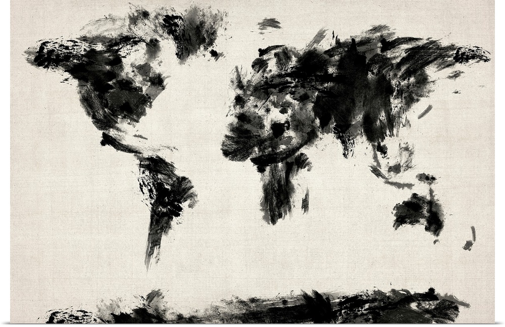 Giant monochromatic illustration shows a map of the Earth through the use of short and intense brush strokes.