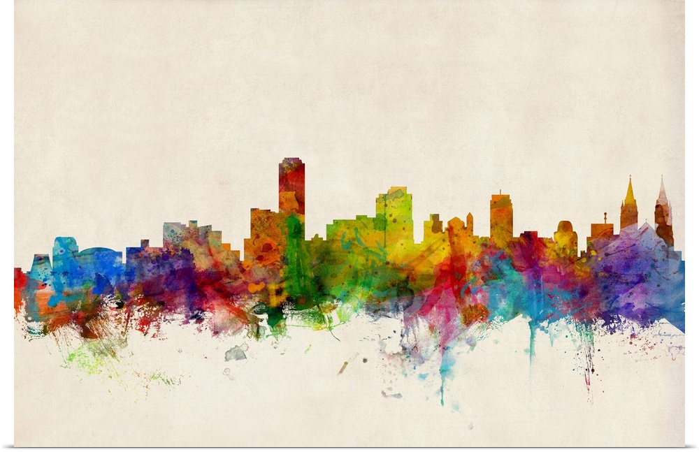 Contemporary piece of artwork of the Adelaide, Australia skyline made of colorful paint splashes.