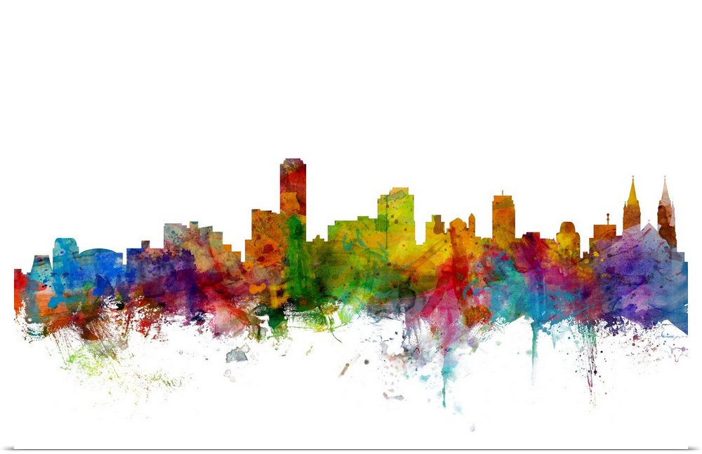 Watercolor artwork of the Adelaide skyline against a white background.