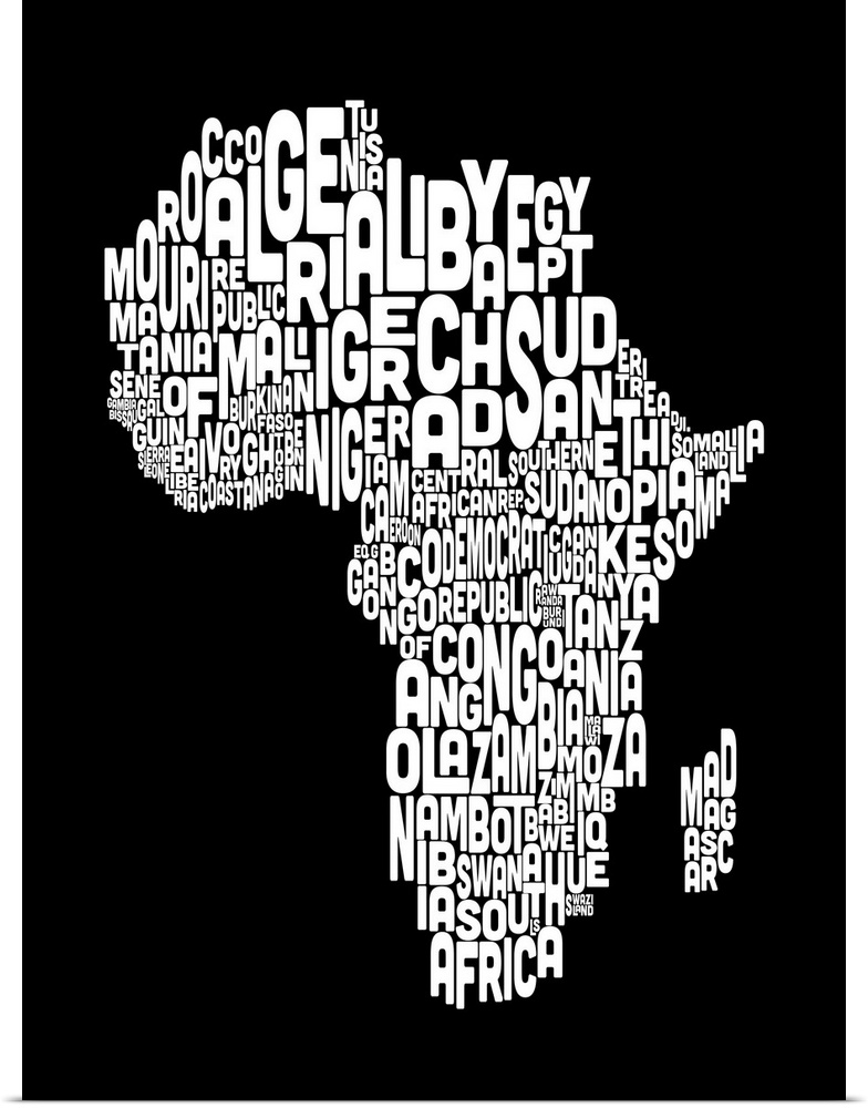 African Countries Text Map, Black and White