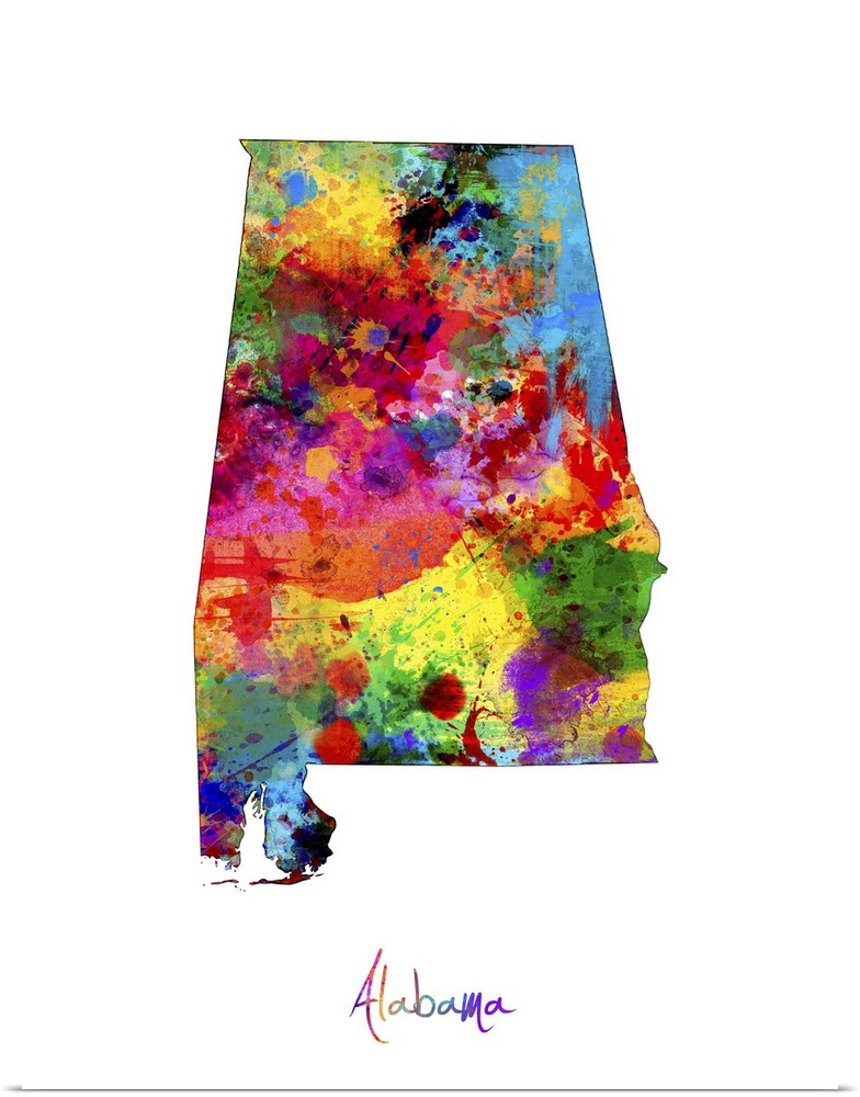 Contemporary artwork of a map of Alabama made of colorful paint splashes.