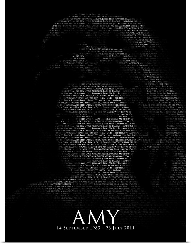 Amy Winehouse Text Art. Portrait of Amy Winehouse constructed from just the titles of her songs.