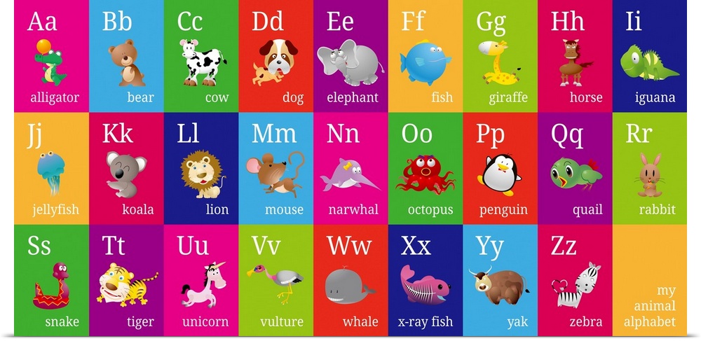 Bright and colorful contemporary animal alphabet, with upper and lowercase alphabet letters, and animal names and pictures.