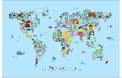 Animal Map of the World for children, Light Blue