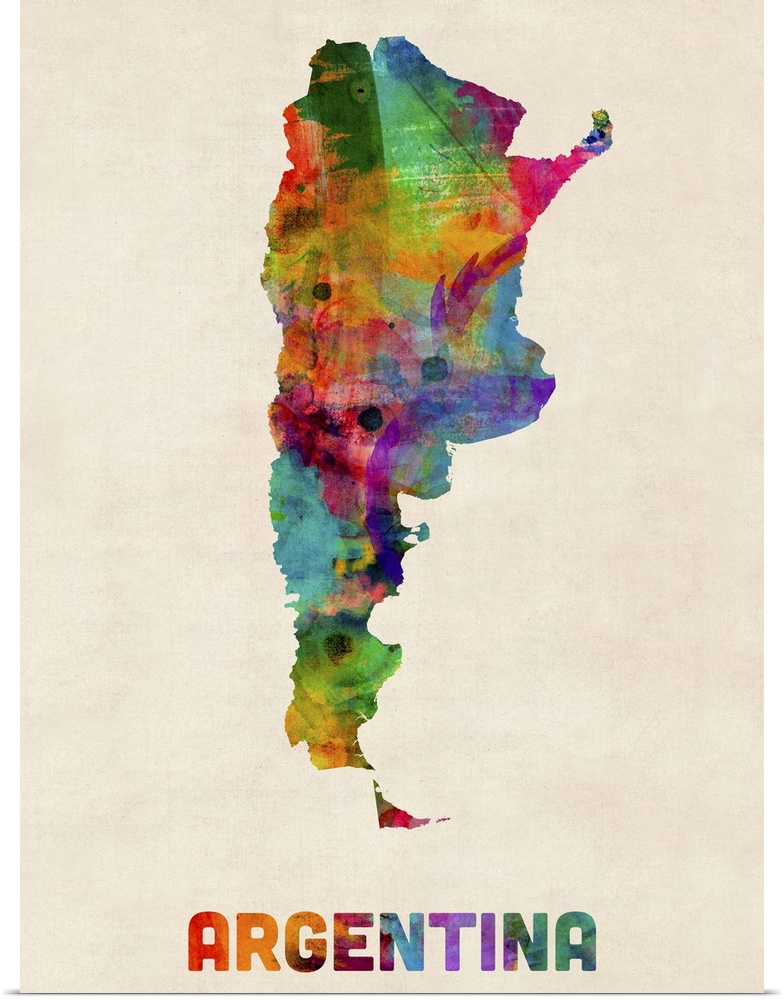 Contemporary piece of artwork of a map of Argentina made up of watercolor splashes.
