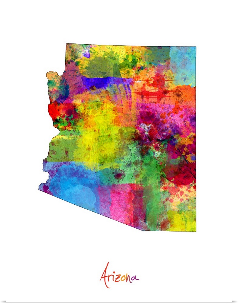 Contemporary artwork of a map of Arizona made of colorful paint splashes.