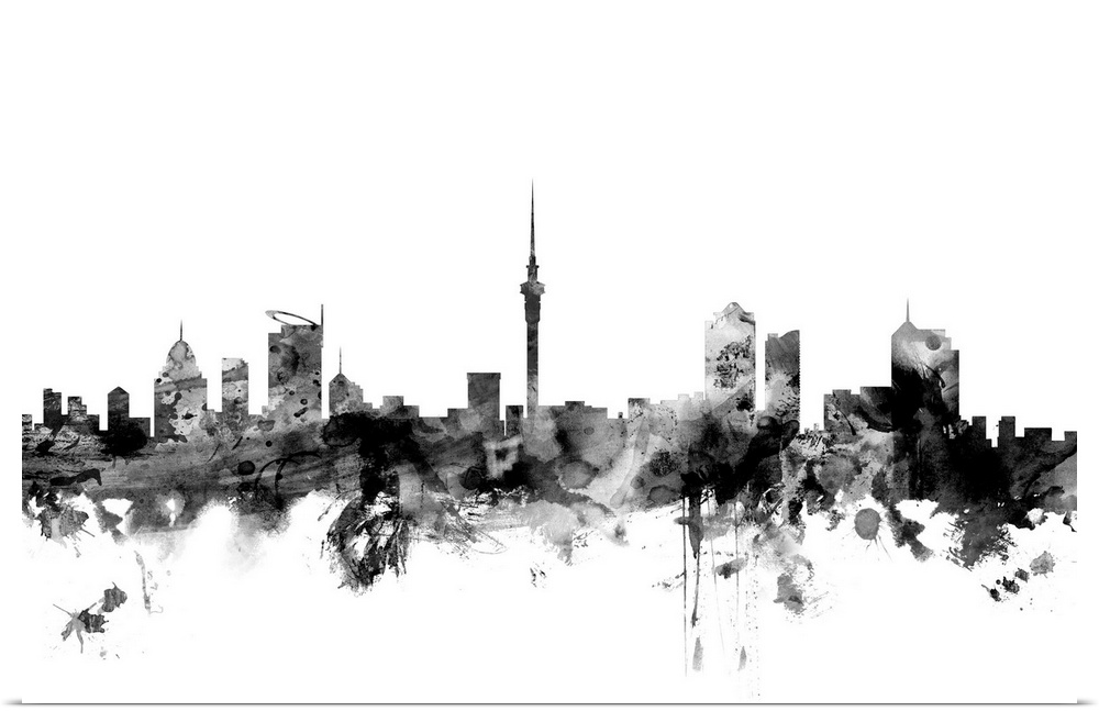 Contemporary artwork of the Auckland city skyline in black watercolor paint splashes.