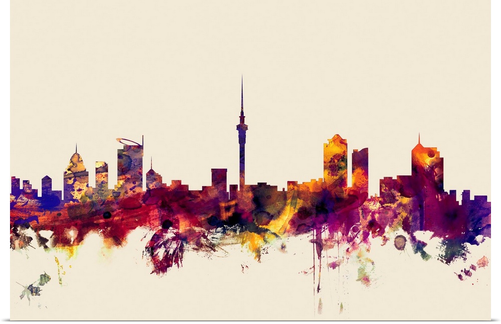 Contemporary artwork of the Auckland city skyline in watercolor paint splashes.