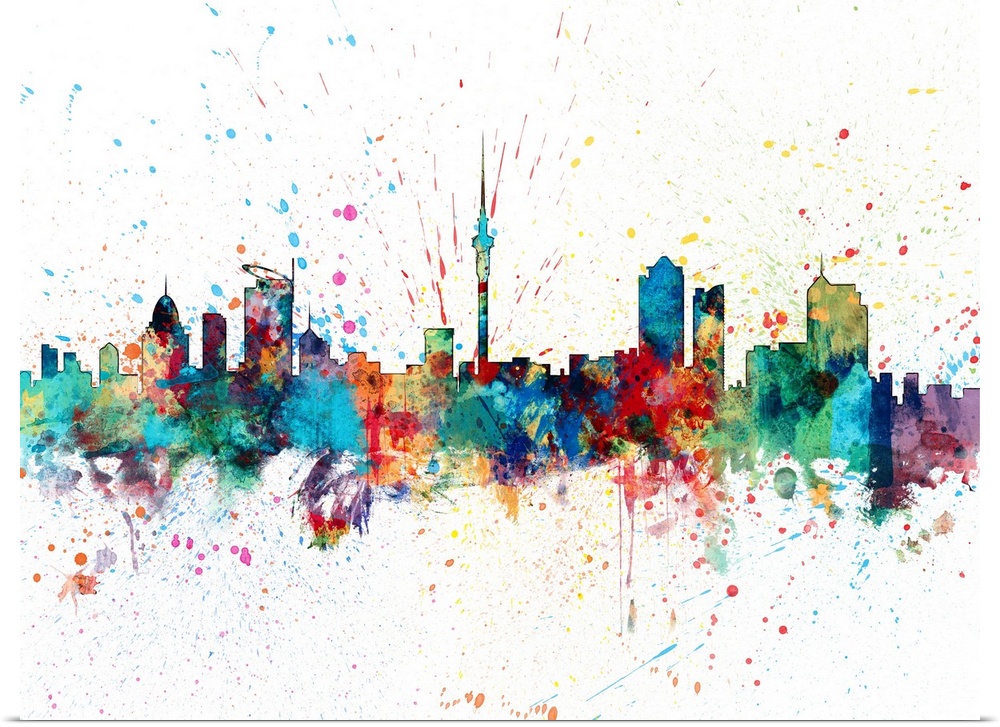 paint splashes art print of the skyline of Auckland, New Zealand