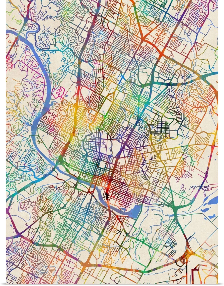 Watercolor street map of Austin, Texas, United States