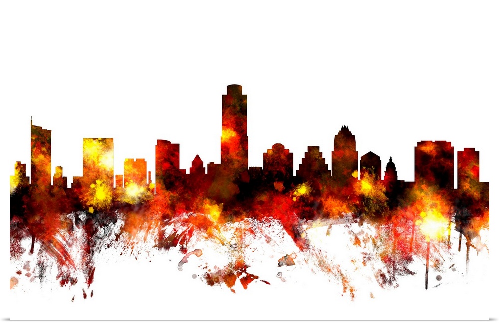 Contemporary piece of artwork of the Austin skyline made of colorful paint splashes.