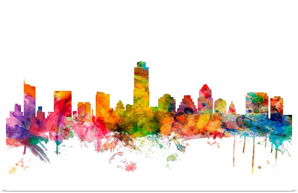 Watercolor artwork of the Austin skyline against a white background.